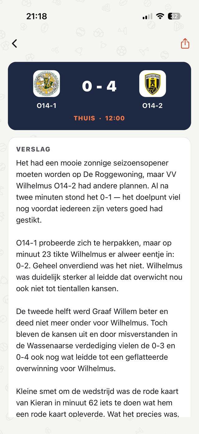 Wedstrijddetail met eindstand en een AI-gegenereerd verslag