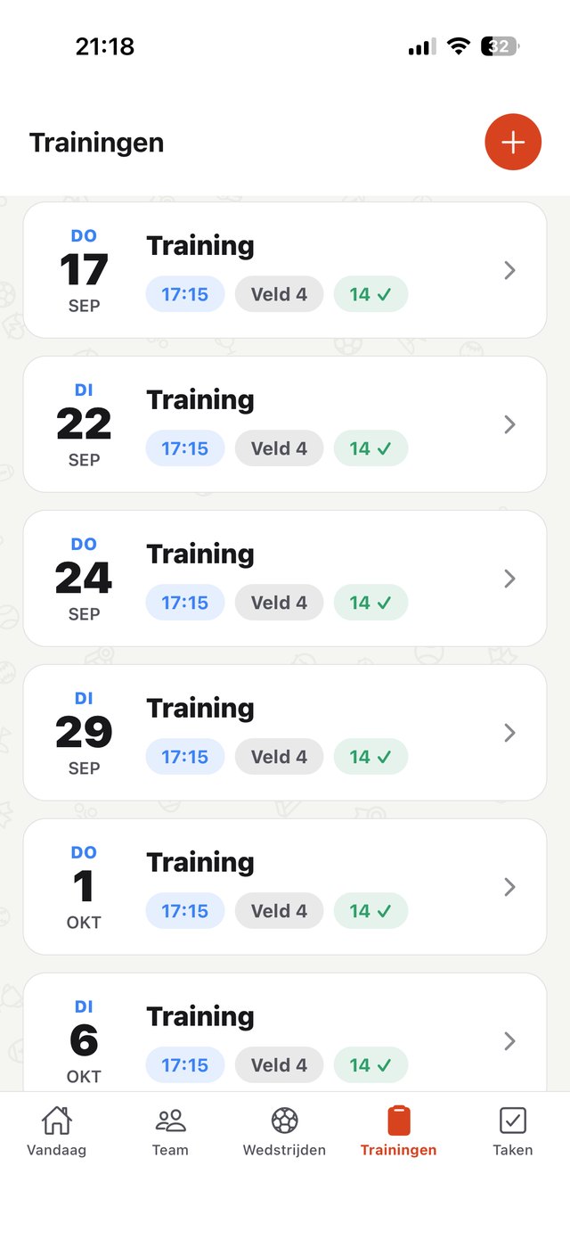 Trainingenoverzicht met terugkerend schema en aanwezigheid