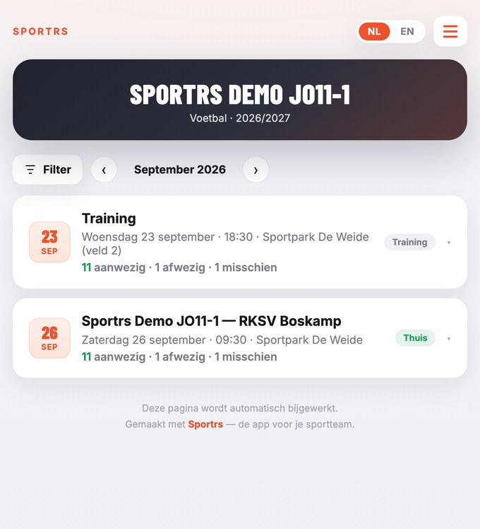 De open teampagina die spelers, ouders en fans zien via een link