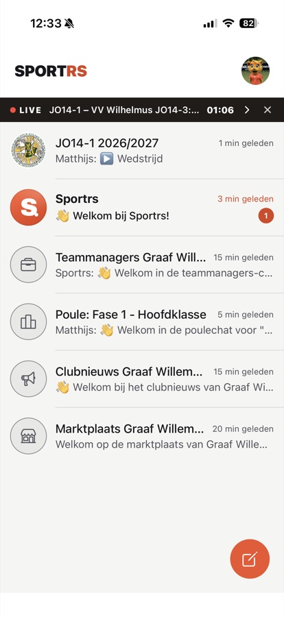 Chatoverzicht met team-, club- en poulechats