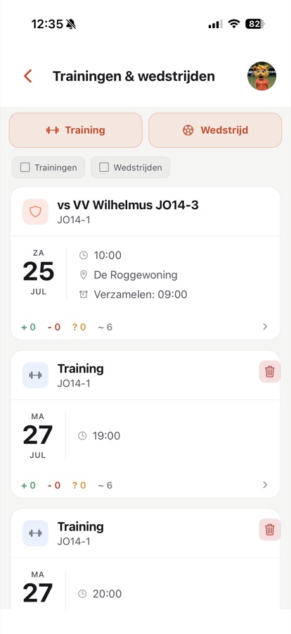 Trainingen en wedstrijden in de agenda